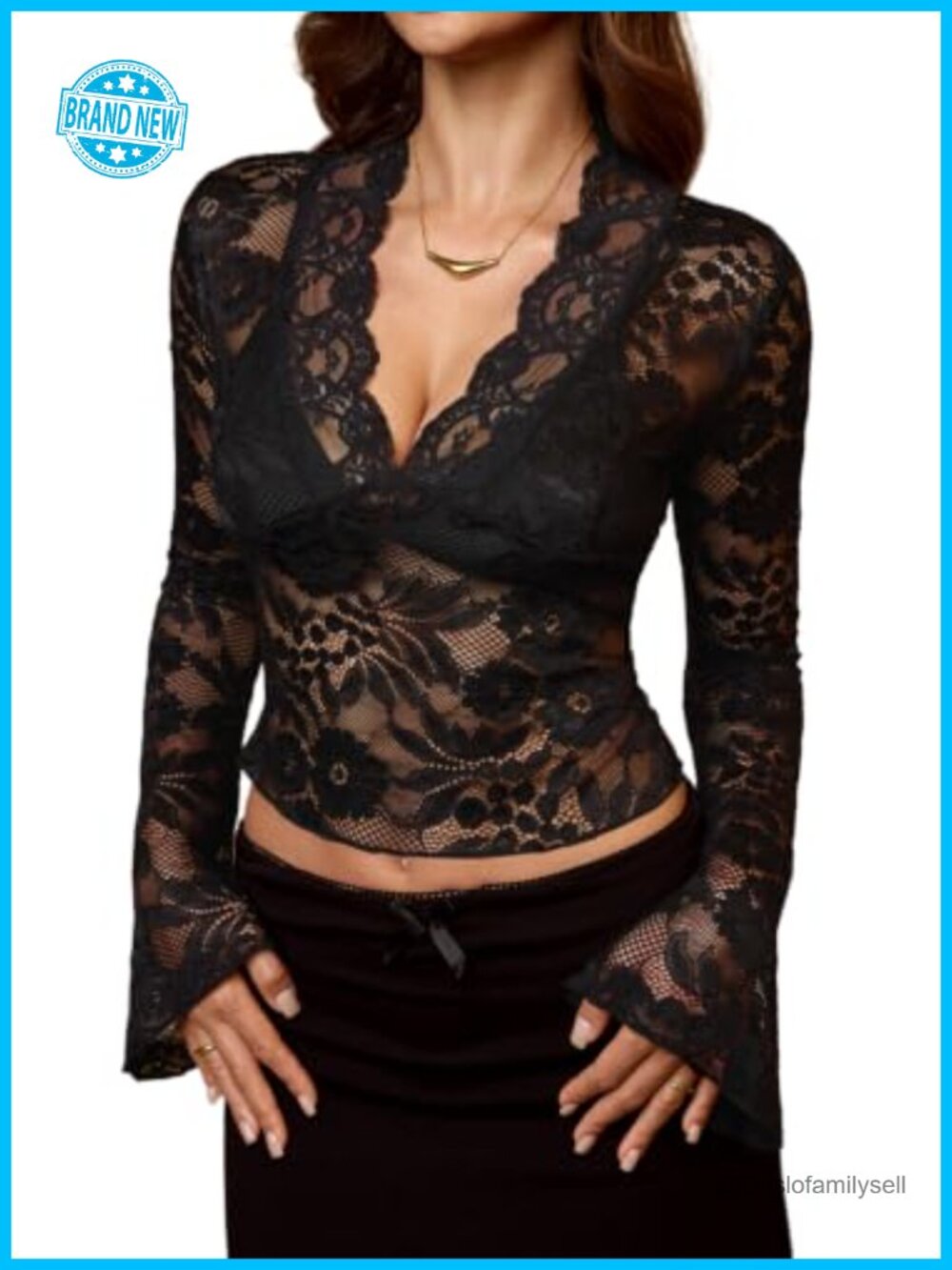 Sheer Lace Crop Top Bell Sleeve V Neck Layering Blouse